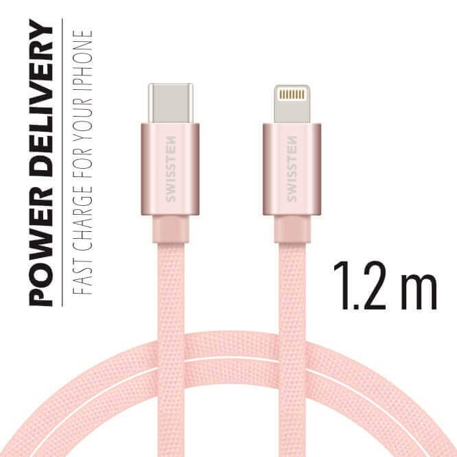 Textilný dátový kábel Swissten USB-C / LIGHTNING 1,2 M  - ružovo-zlatý